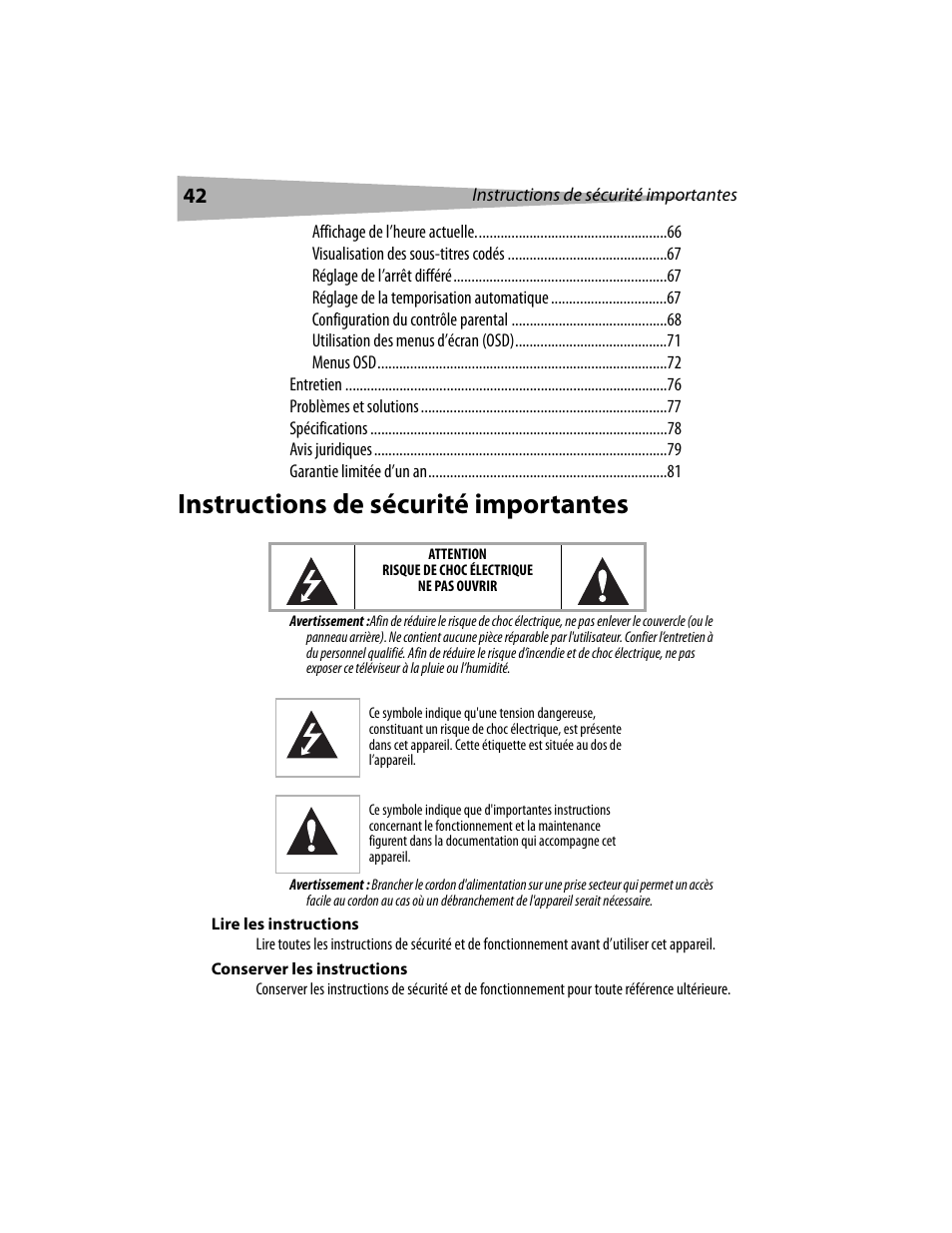 Instructions de sécurité importantes | Dynex DX-LCD19 User Manual | Page 42 / 124