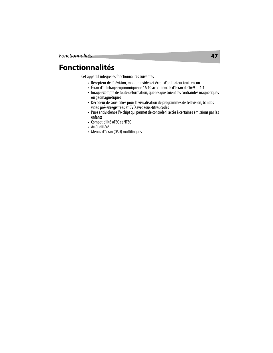 Fonctionnalités | Dynex DX-LCD19 User Manual | Page 47 / 124