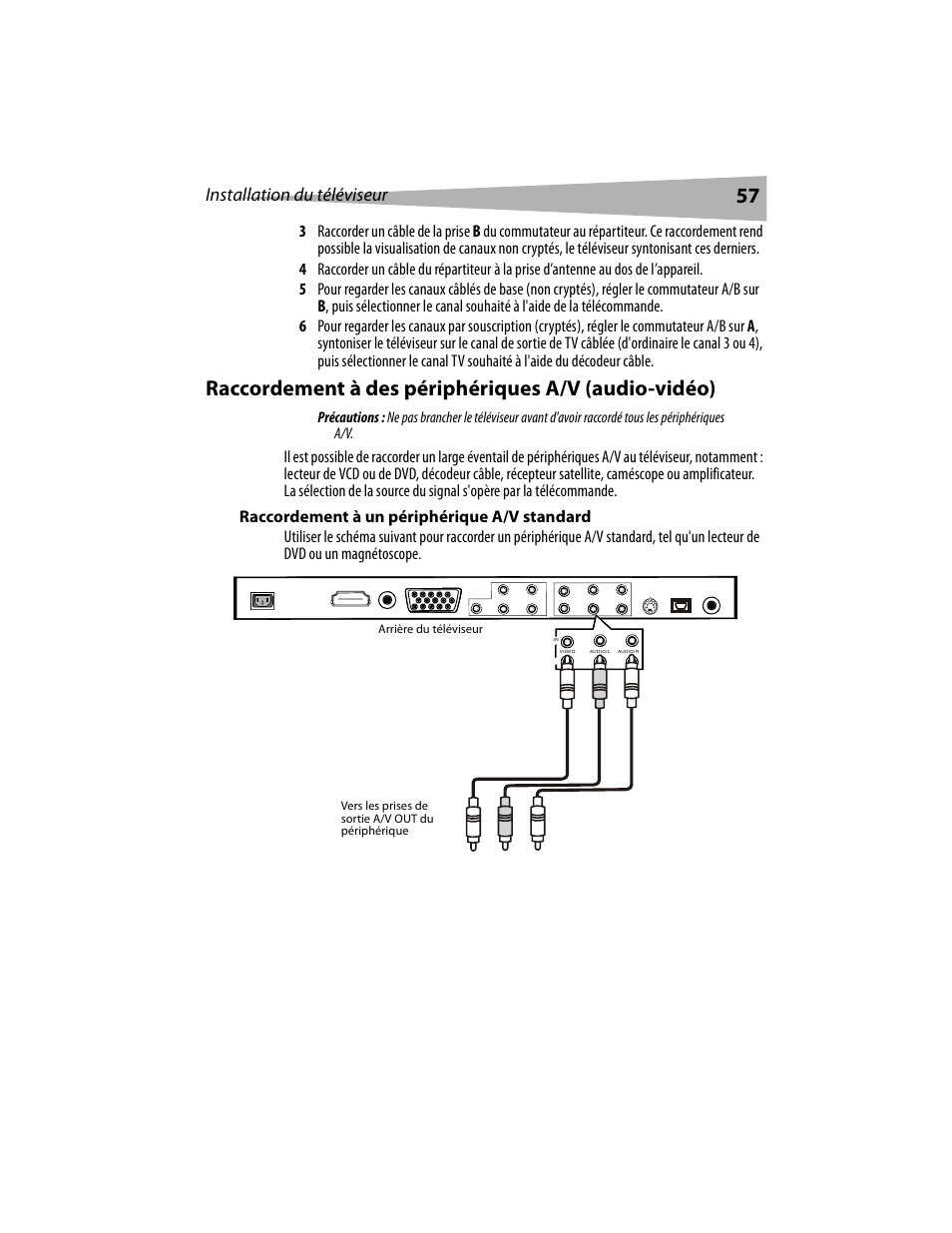 Raccordement à des périphériques a/v (audio-vidéo), Installation du téléviseur | Dynex DX-LCD19 User Manual | Page 57 / 124