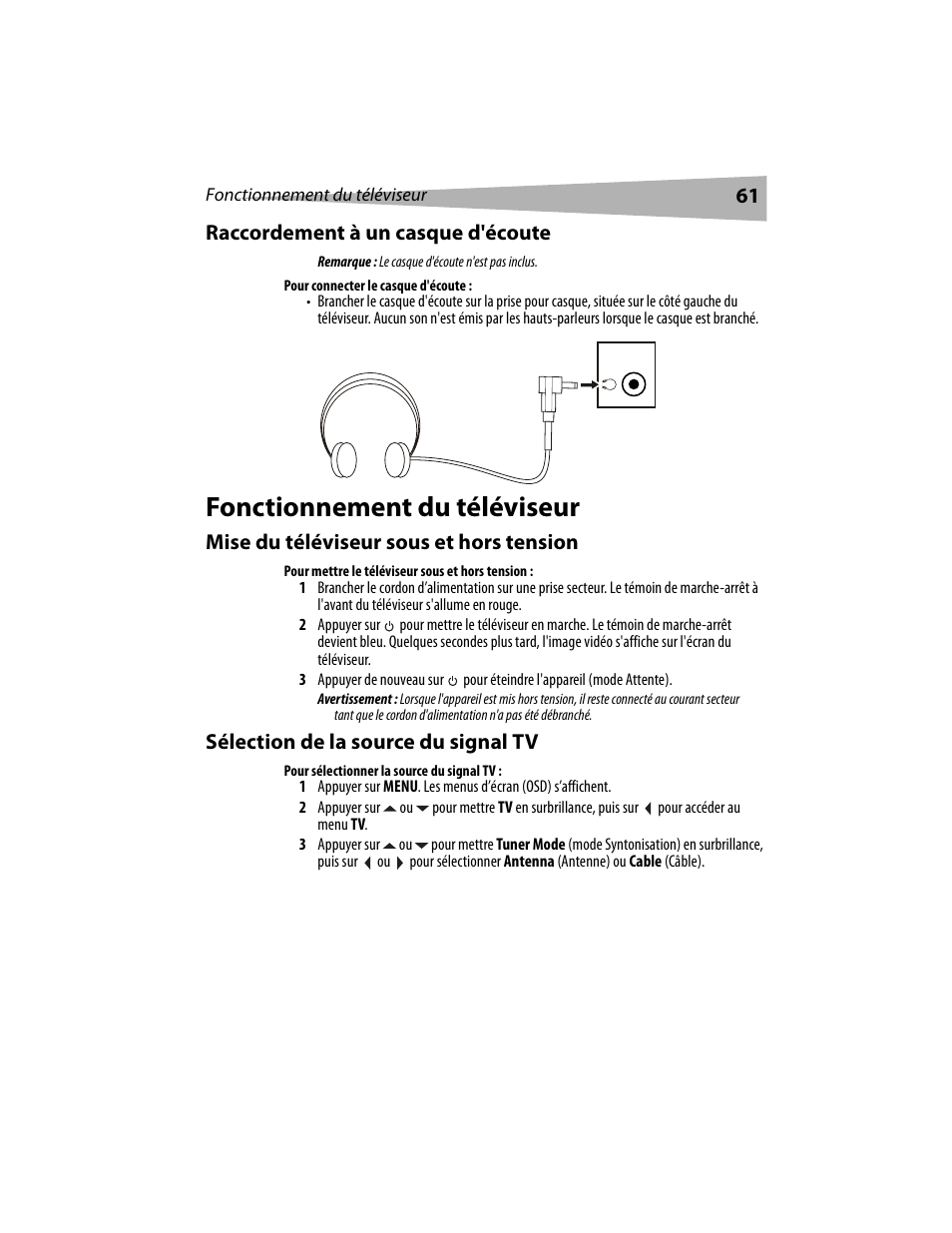 Fonctionnement du téléviseur | Dynex DX-LCD19 User Manual | Page 61 / 124