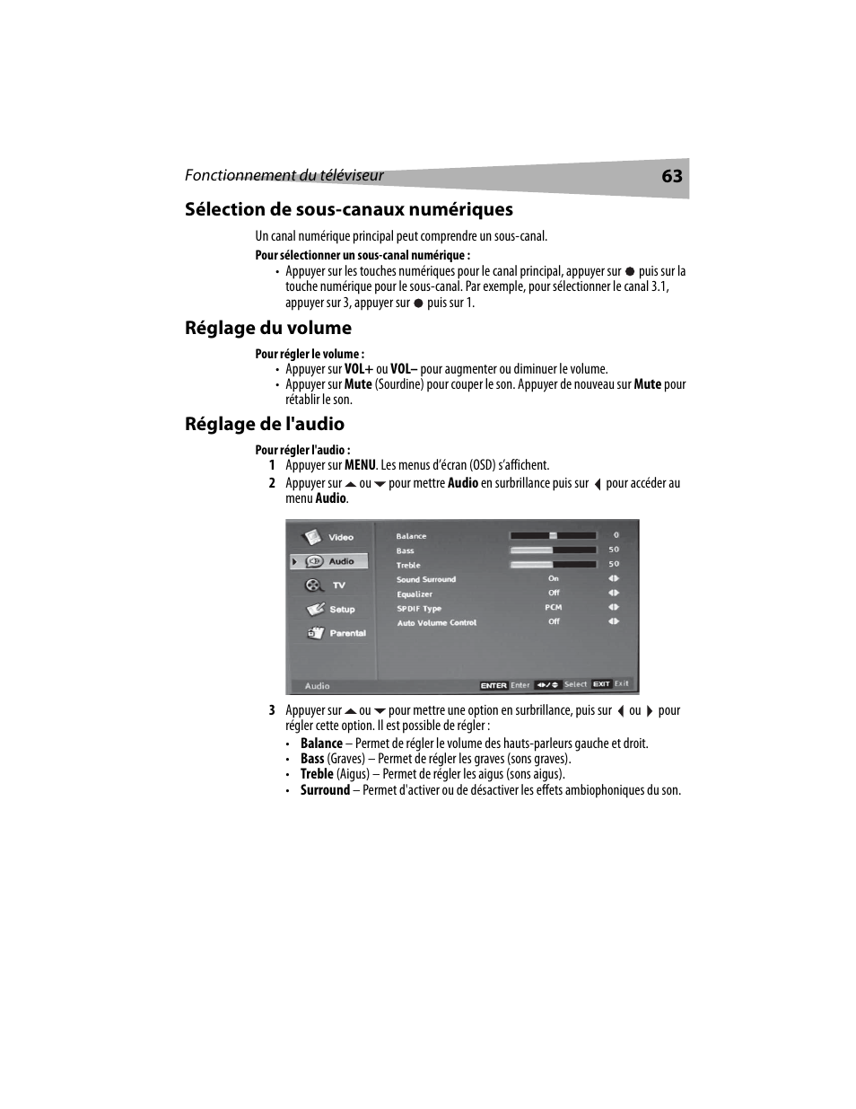 63 sélection de sous-canaux numériques, Réglage du volume, Réglage de l'audio | Dynex DX-LCD19 User Manual | Page 63 / 124