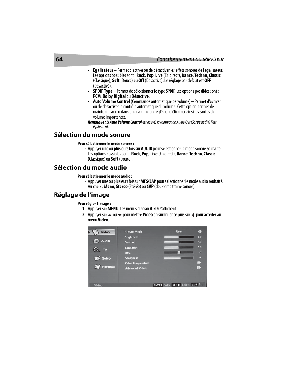 Sélection du mode sonore, Sélection du mode audio, Réglage de l’image | Dynex DX-LCD19 User Manual | Page 64 / 124