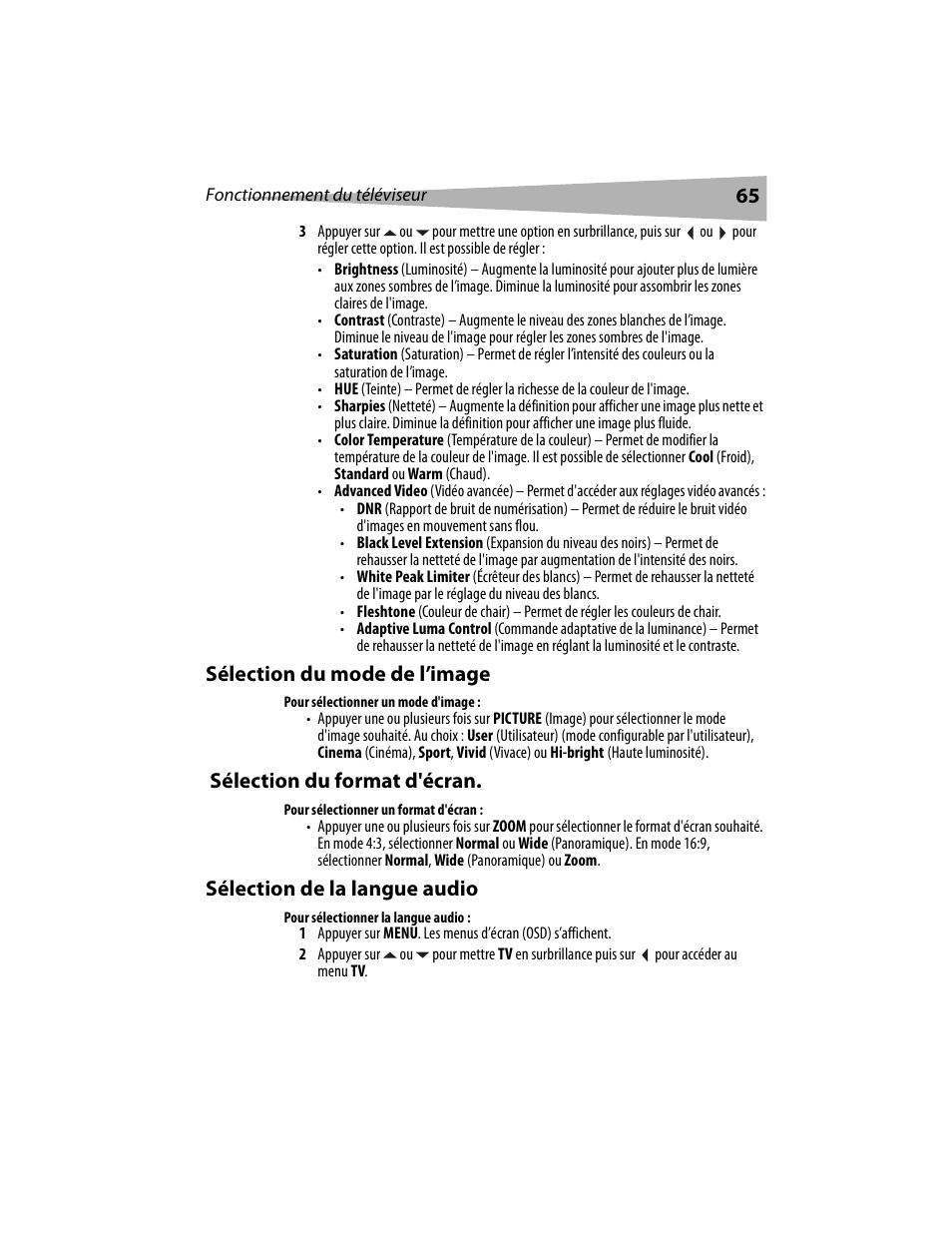 Sélection du mode de l’image, Sélection du format d'écran, Sélection de la langue audio | Dynex DX-LCD19 User Manual | Page 65 / 124