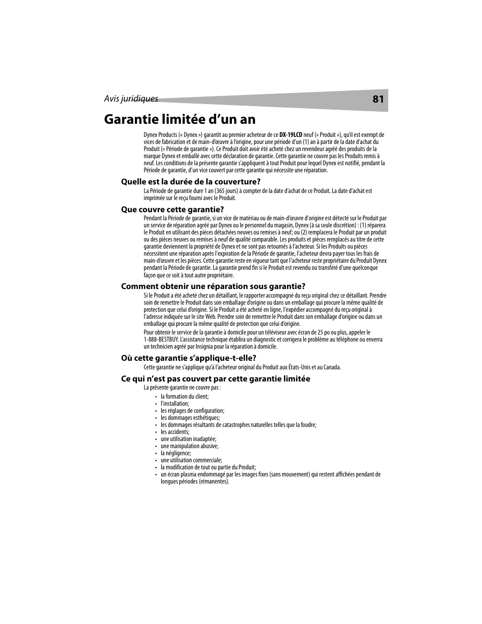 Garantie limitée d’un an | Dynex DX-LCD19 User Manual | Page 81 / 124
