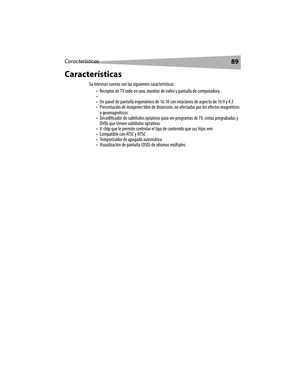 Características | Dynex DX-LCD19 User Manual | Page 89 / 124