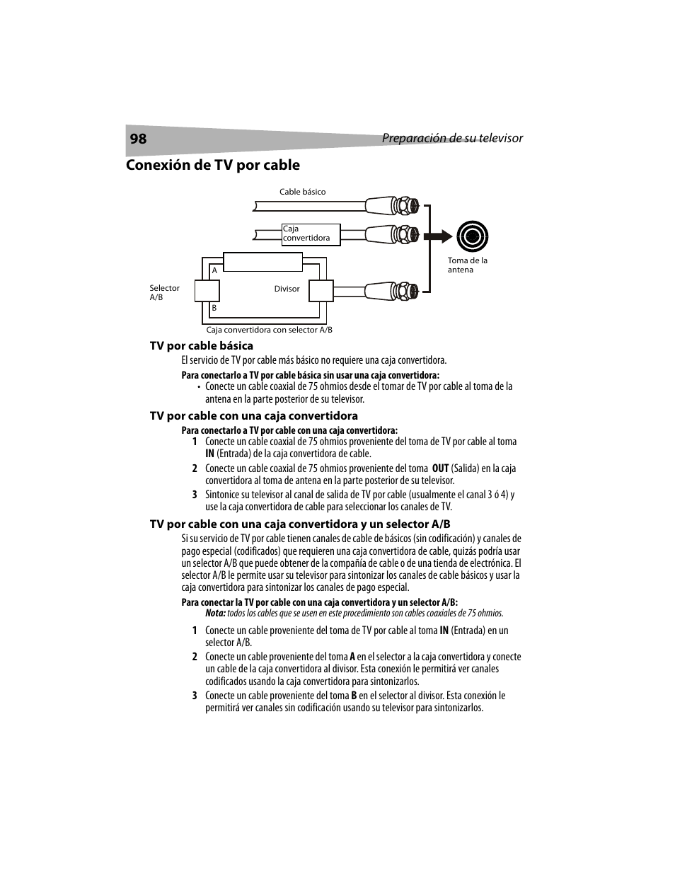 Conexión de tv por cable | Dynex DX-LCD19 User Manual | Page 98 / 124