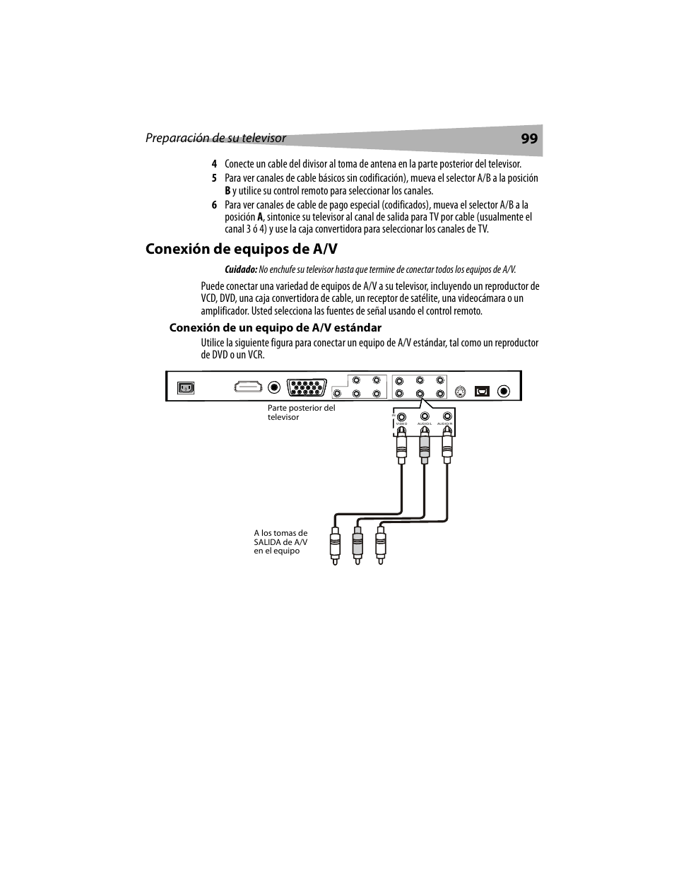 Conexión de equipos de a/v, Preparación de su televisor | Dynex DX-LCD19 User Manual | Page 99 / 124