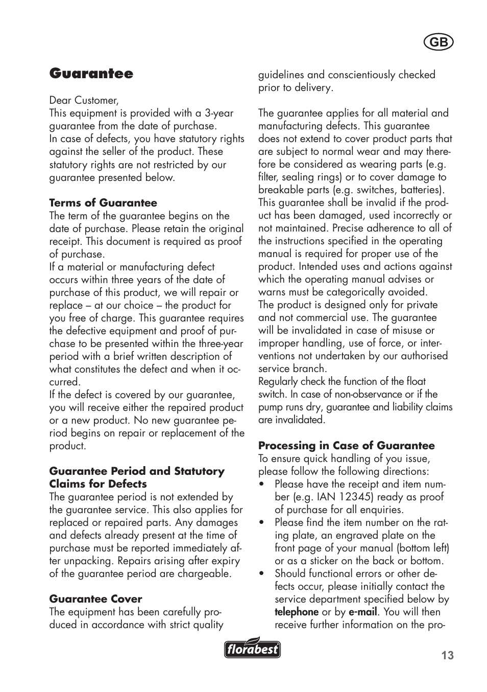 Guarantee | Florabest FRP 350 C2 User Manual | Page 13 / 80