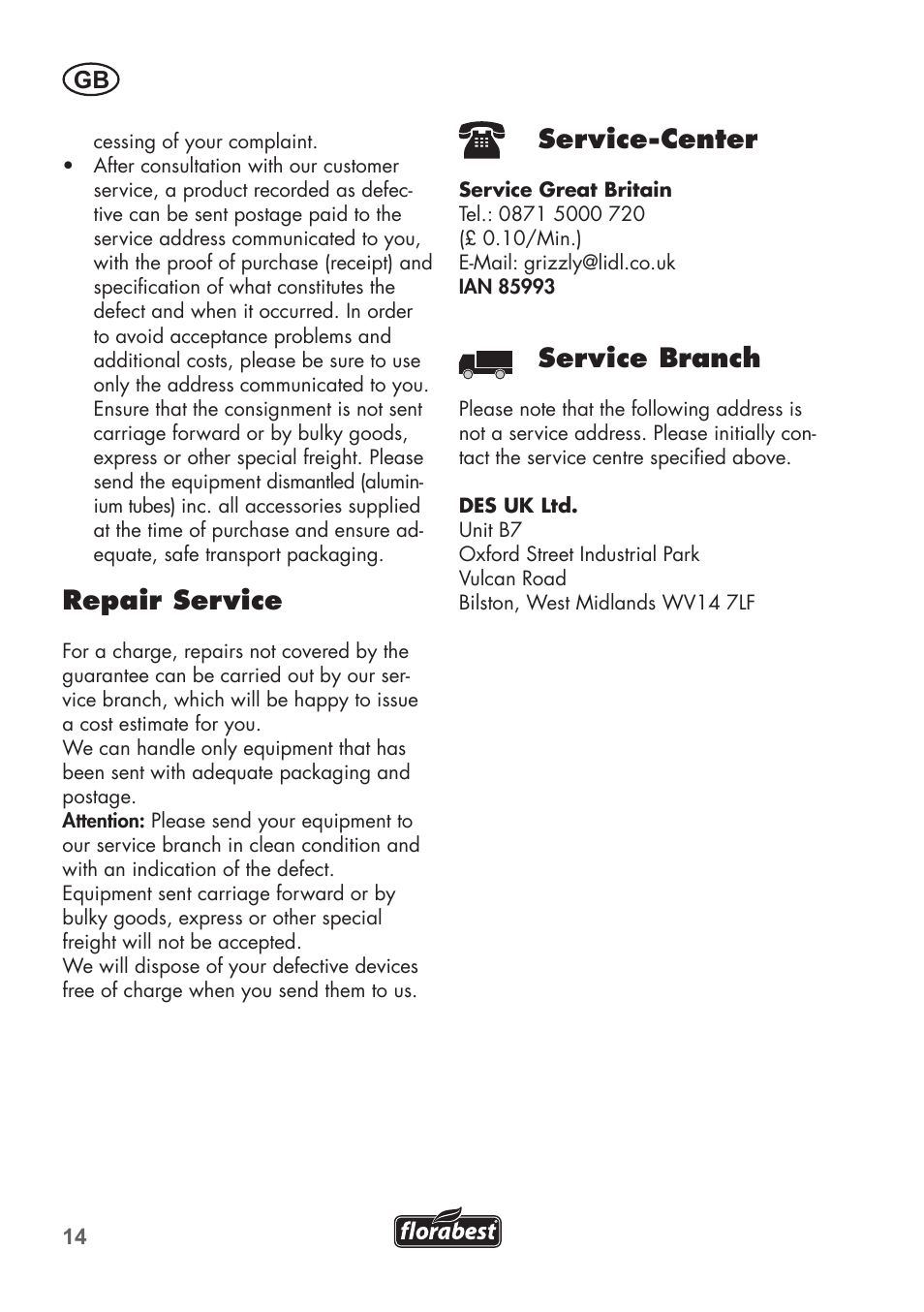 Repair service, Service-center, Service branch | Florabest FRP 350 C2 User Manual | Page 14 / 80