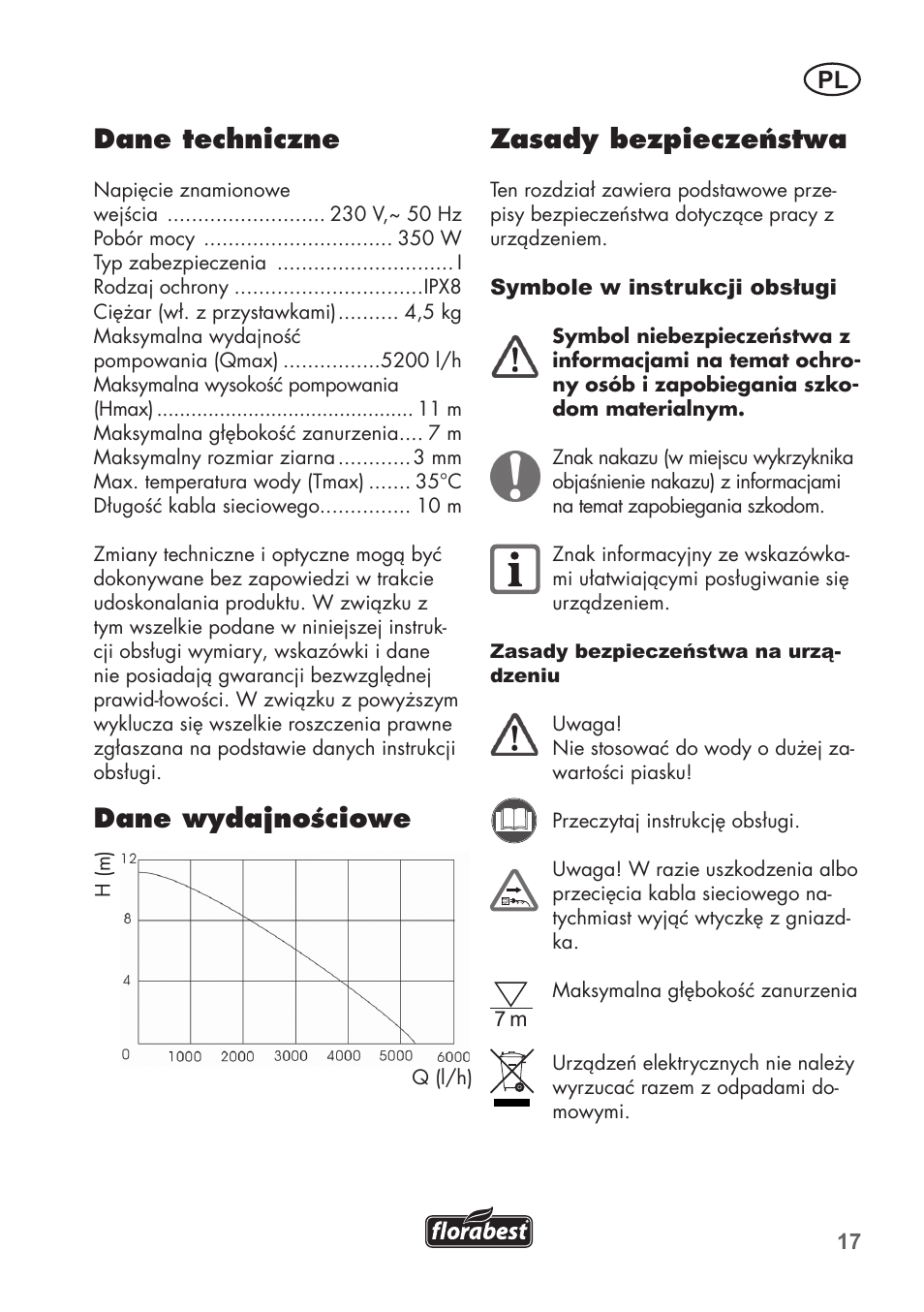 Dane techniczne, Dane wydajnościowe, Zasady bezpieczeństwa | Florabest FRP 350 C2 User Manual | Page 17 / 80