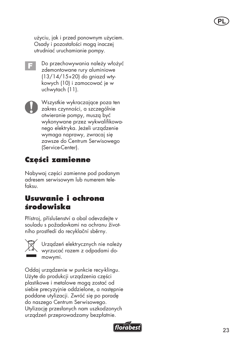Części zamienne, Usuwanie i ochrona środowiska | Florabest FRP 350 C2 User Manual | Page 23 / 80