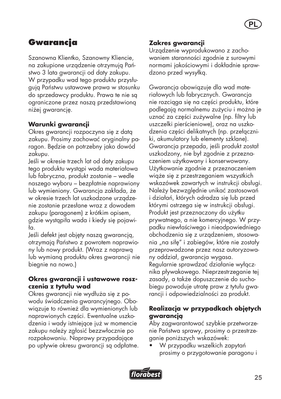 Gwarancja | Florabest FRP 350 C2 User Manual | Page 25 / 80