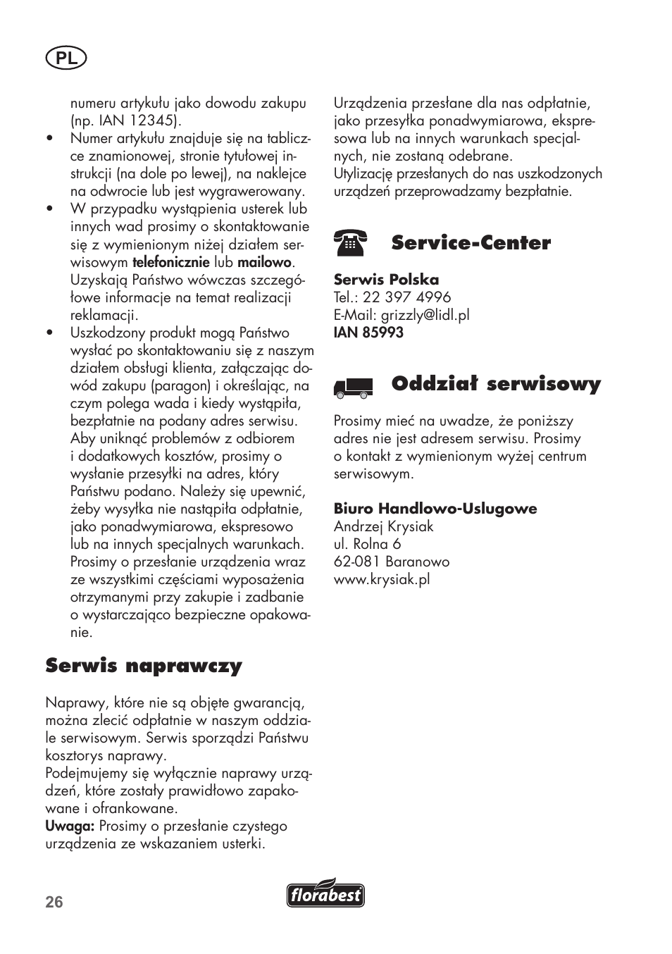 Serwis naprawczy, Service-center, Oddział serwisowy | Florabest FRP 350 C2 User Manual | Page 26 / 80
