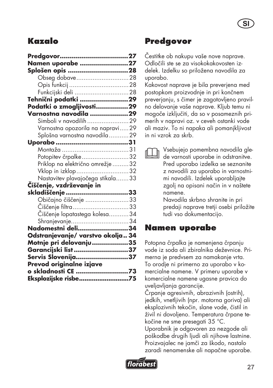 Predgovor, Namen uporabe, Kazalo | Florabest FRP 350 C2 User Manual | Page 27 / 80
