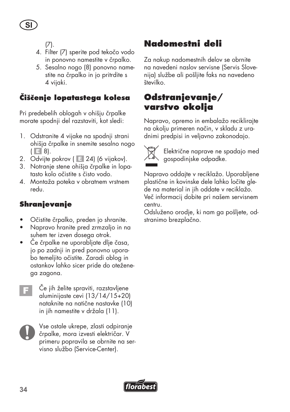Nadomestni deli, Odstranjevanje/ varstvo okolja | Florabest FRP 350 C2 User Manual | Page 34 / 80