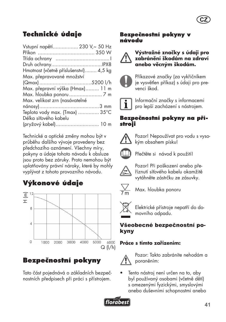 Technické údaje, Výkonové údaje, Bezpečnostní pokyny | Florabest FRP 350 C2 User Manual | Page 41 / 80
