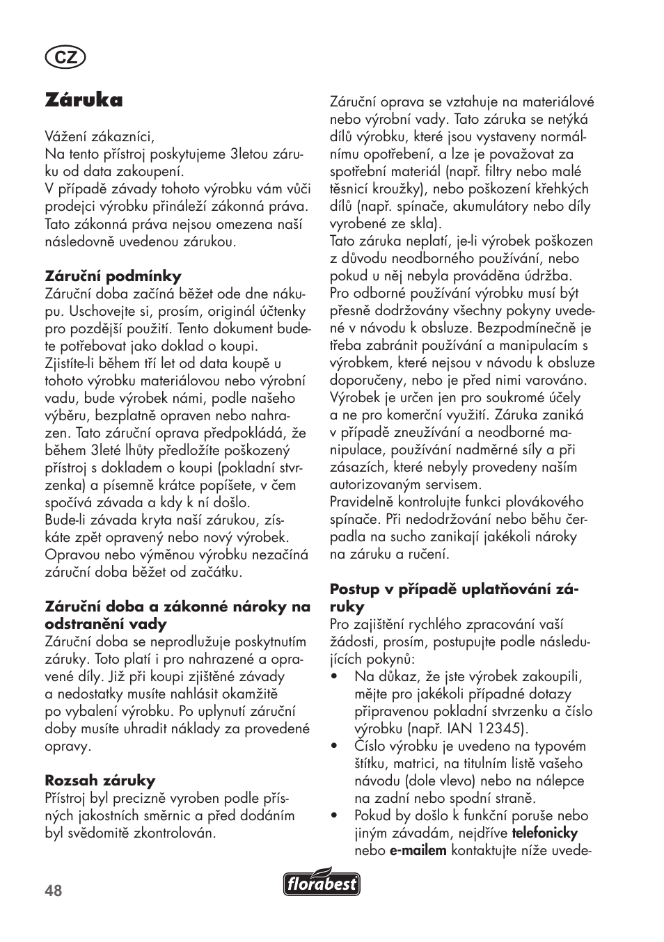 Záruka | Florabest FRP 350 C2 User Manual | Page 48 / 80