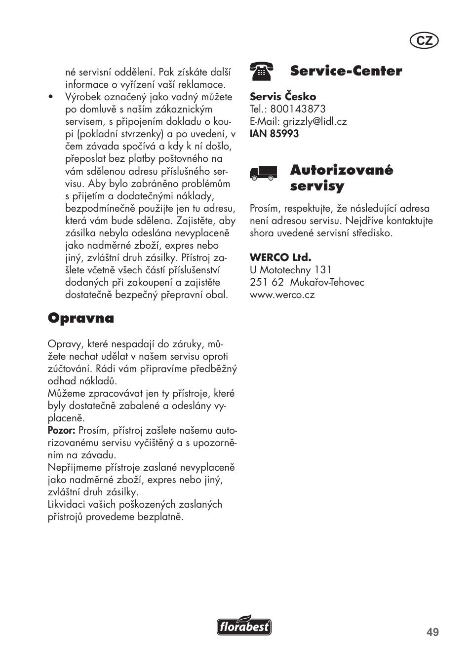 Opravna, Service-center, Autorizované servisy | Florabest FRP 350 C2 User Manual | Page 49 / 80