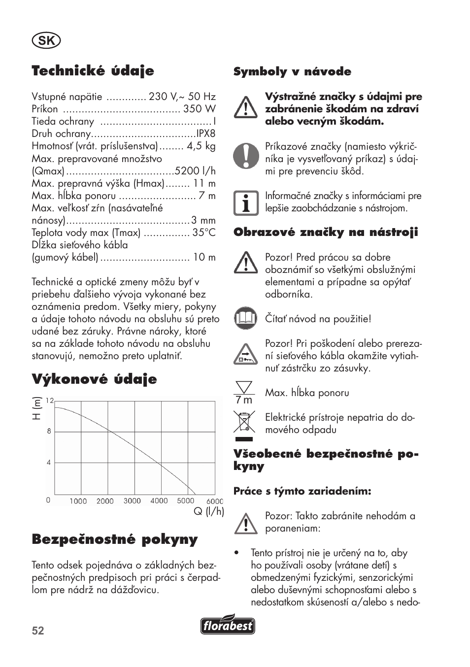 Technické údaje, Výkonové údaje, Bezpečnostné pokyny | Florabest FRP 350 C2 User Manual | Page 52 / 80