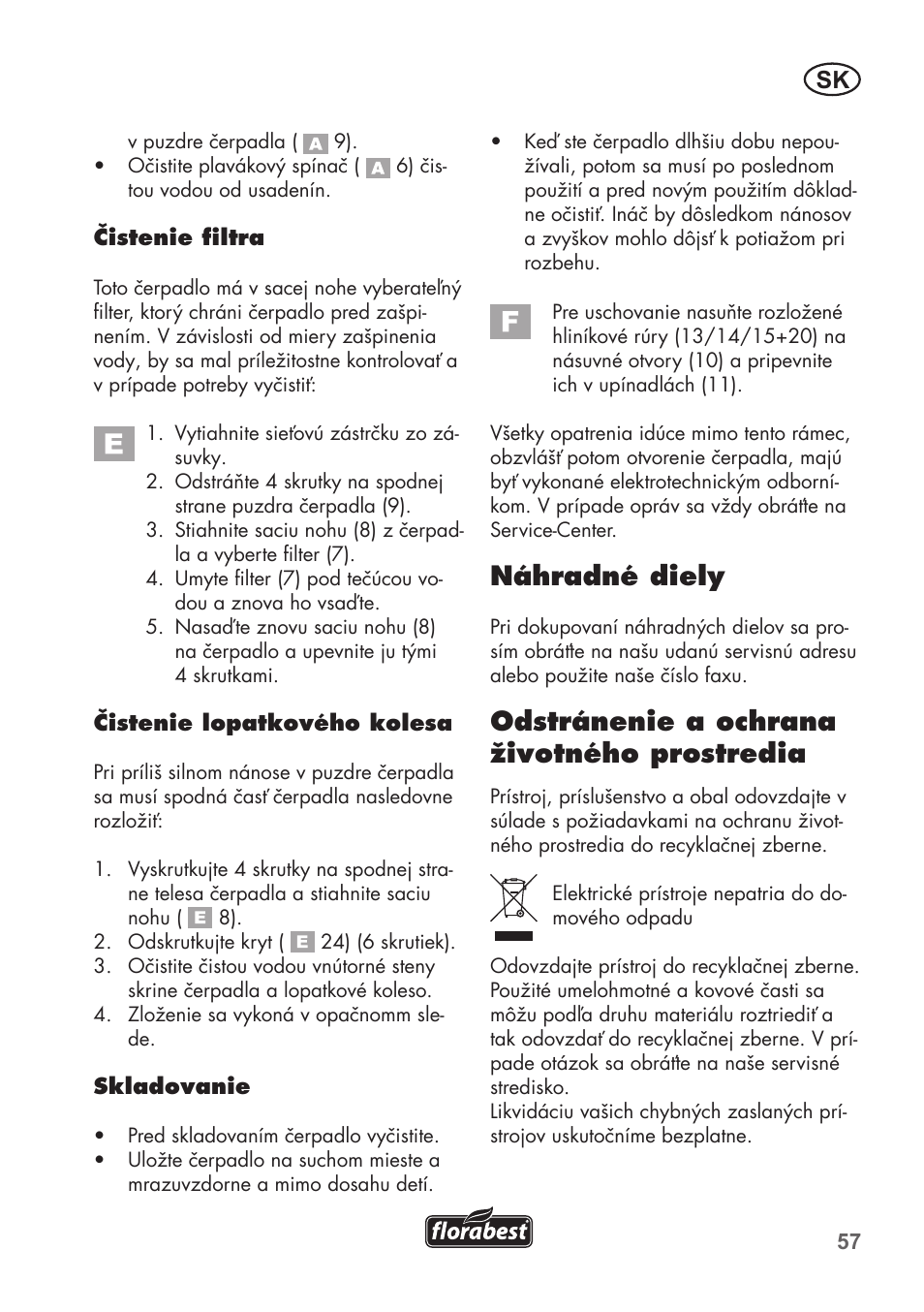 Náhradné diely, Odstránenie a ochrana životného prostredia | Florabest FRP 350 C2 User Manual | Page 57 / 80