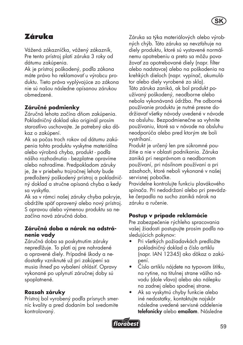 Záruka | Florabest FRP 350 C2 User Manual | Page 59 / 80