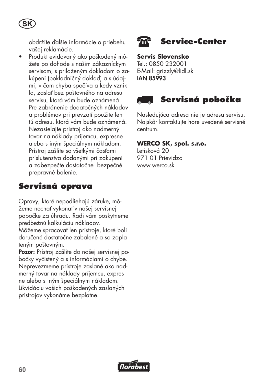 Servisná oprava, Service-center, Servisná pobočka | Florabest FRP 350 C2 User Manual | Page 60 / 80