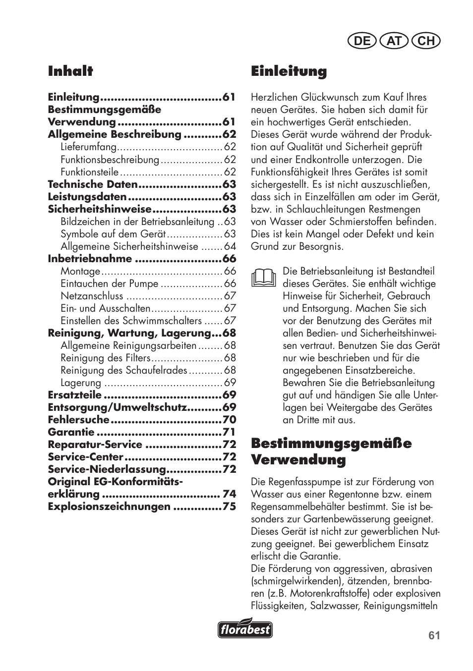 Einleitung, Bestimmungsgemäße verwendung, Inhalt | De at ch | Florabest FRP 350 C2 User Manual | Page 61 / 80