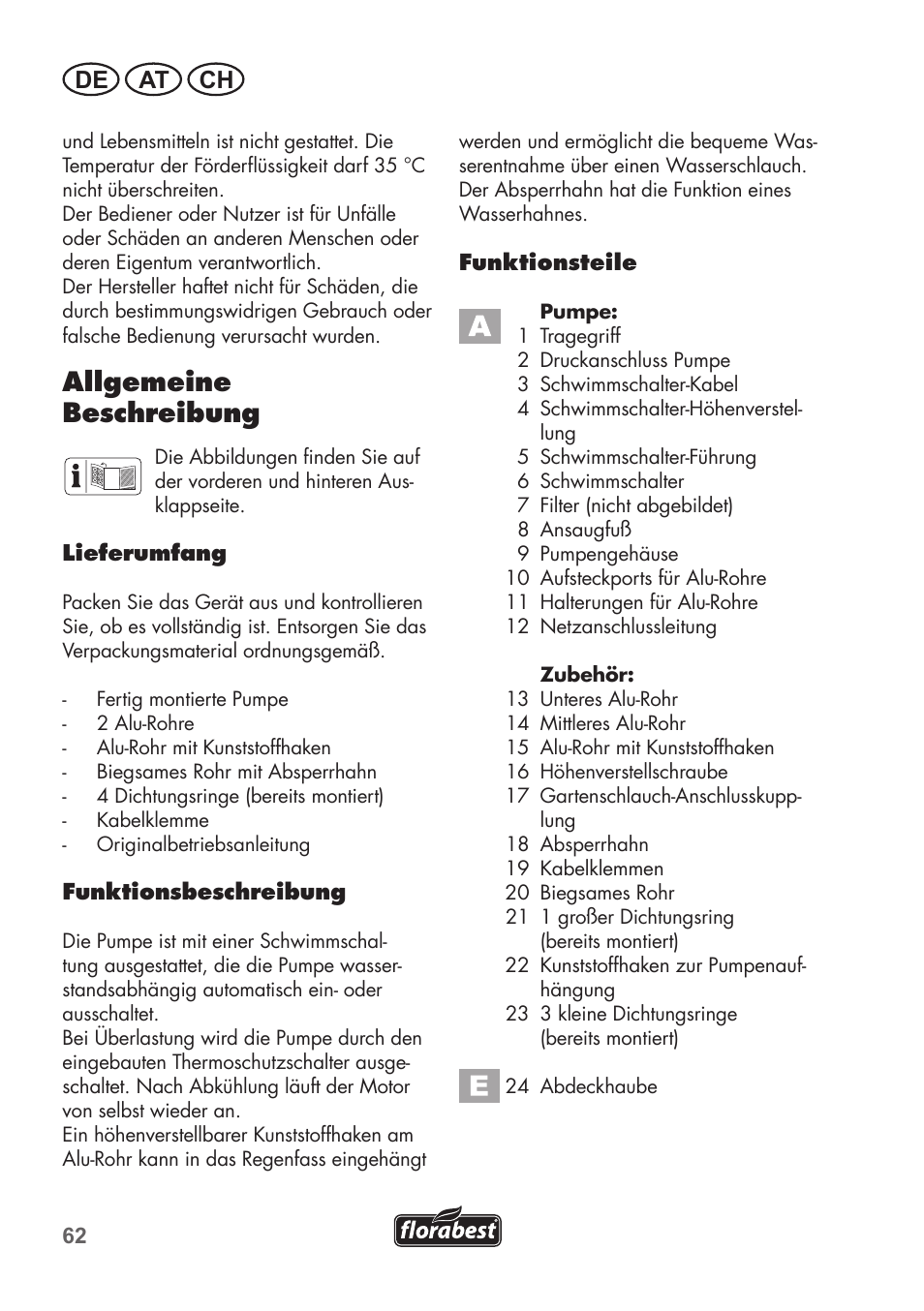 Allgemeine beschreibung, De at ch | Florabest FRP 350 C2 User Manual | Page 62 / 80