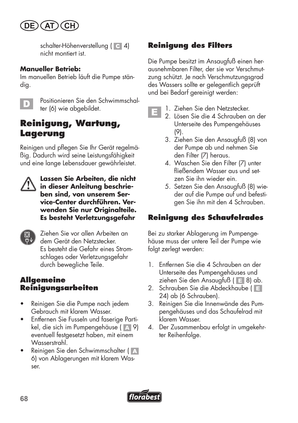 Reinigung, wartung, lagerung, De at ch | Florabest FRP 350 C2 User Manual | Page 68 / 80