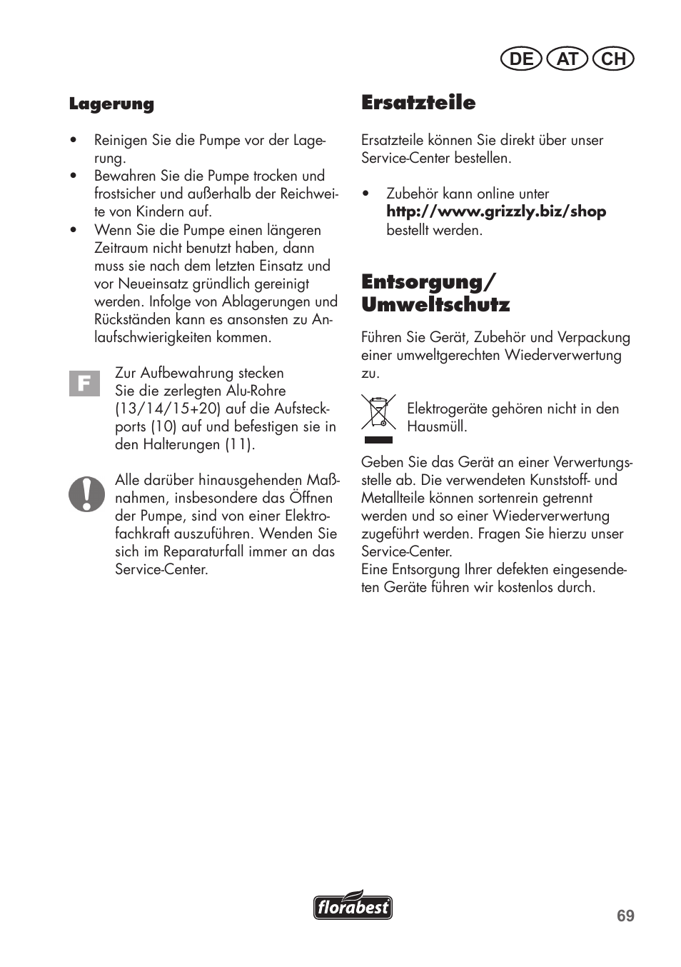 Ersatzteile, Entsorgung/ umweltschutz, De at ch | Florabest FRP 350 C2 User Manual | Page 69 / 80