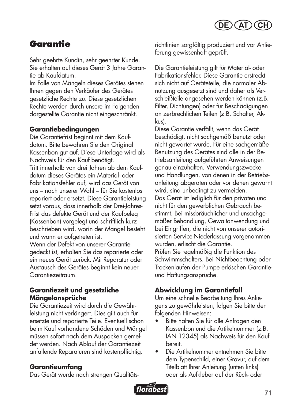 Garantie, De at ch | Florabest FRP 350 C2 User Manual | Page 71 / 80