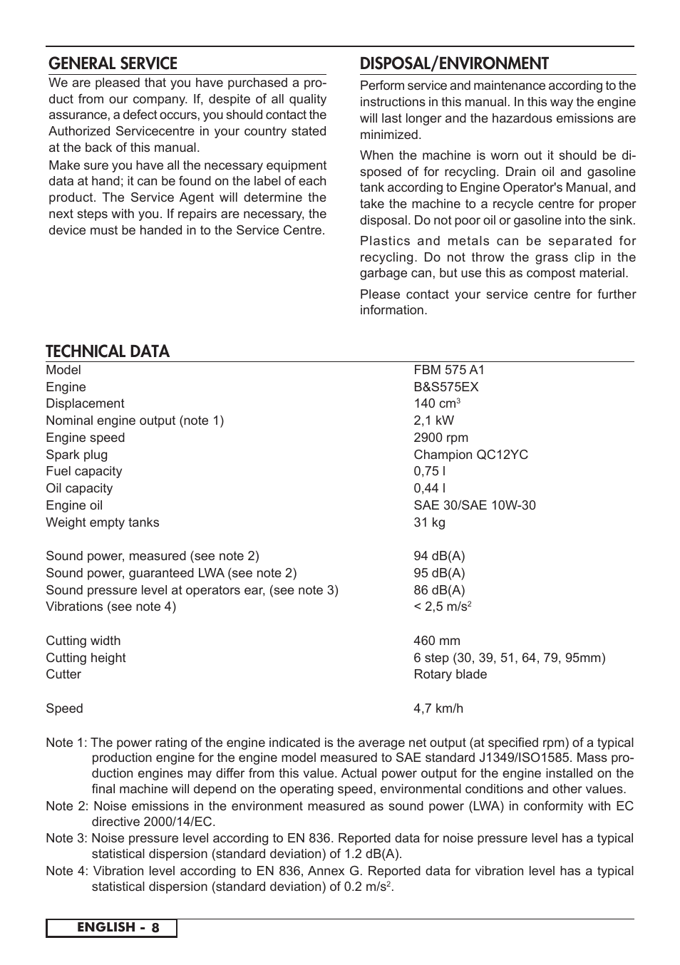 Technical data, Disposal/environment, General service | Florabest FBM 575 A1 User Manual | Page 10 / 48