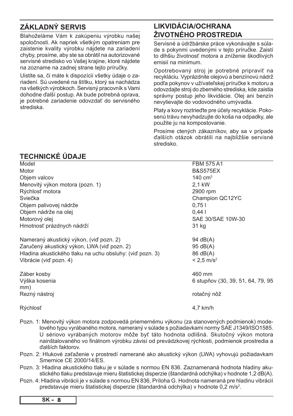 Likvidácia/ochrana životného prostredia, Základný servis, Technické údaje | Florabest FBM 575 A1 User Manual | Page 28 / 48