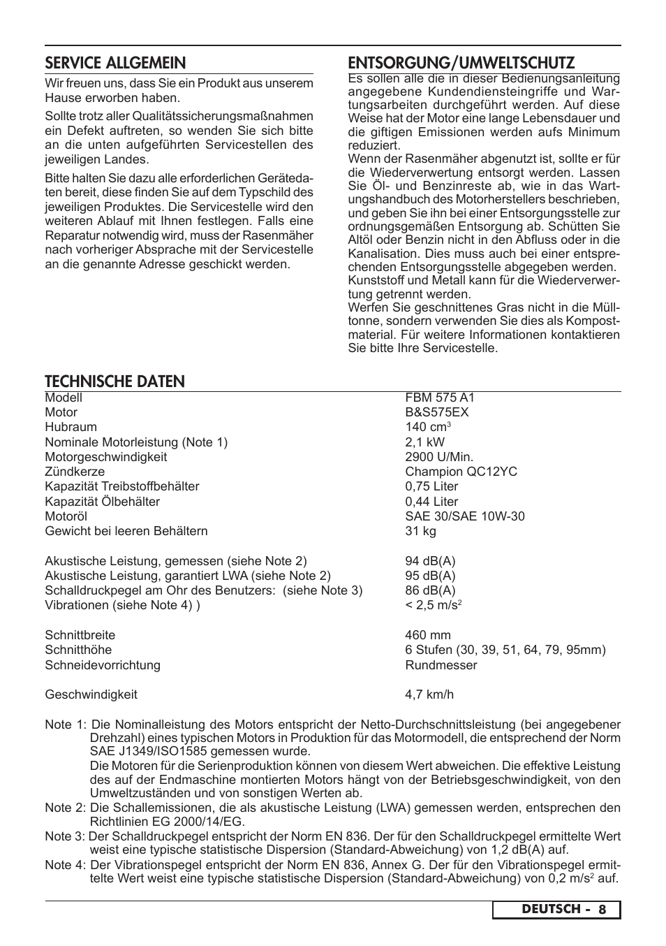 Entsorgung/umweltschutz, Service allgemein, Technische daten | Florabest FBM 575 A1 User Manual | Page 37 / 48