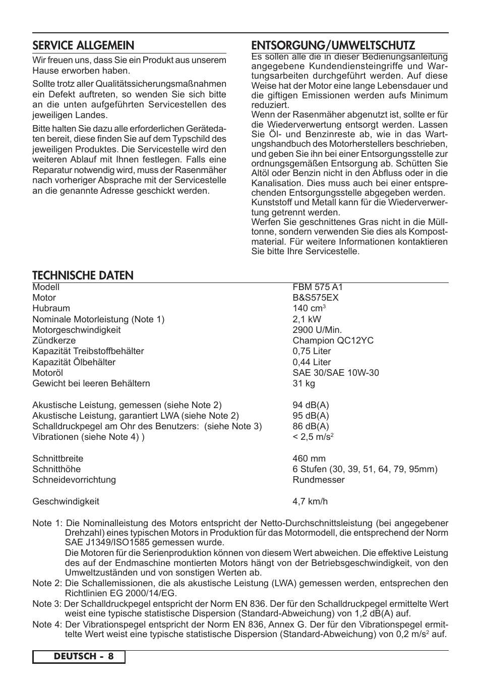 Entsorgung/umweltschutz, Service allgemein, Technische daten | Florabest FBM 575 A1 User Manual | Page 10 / 46
