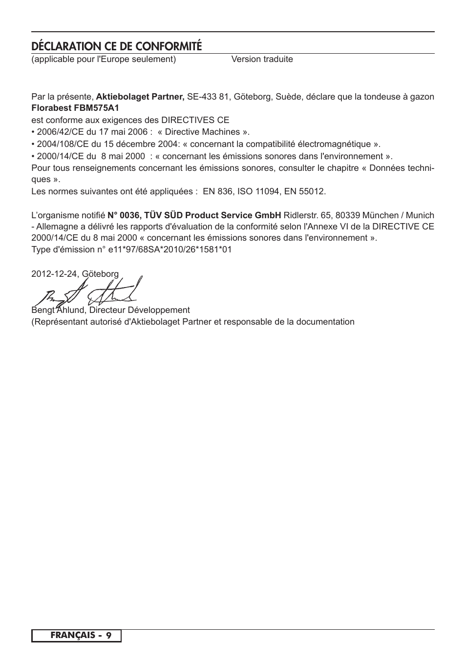 Déclaration ce de conformité | Florabest FBM 575 A1 User Manual | Page 20 / 46