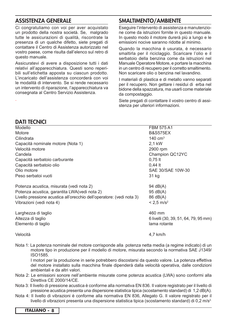 Dati tecnici, Smaltimento/ambiente, Assistenza generale | Florabest FBM 575 A1 User Manual | Page 28 / 46