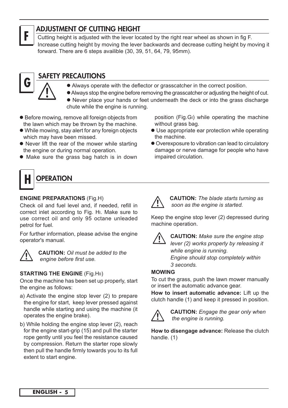 Adjustment of cutting height, Operation, Safety precautions | Florabest FBM 575 A1 User Manual | Page 34 / 46