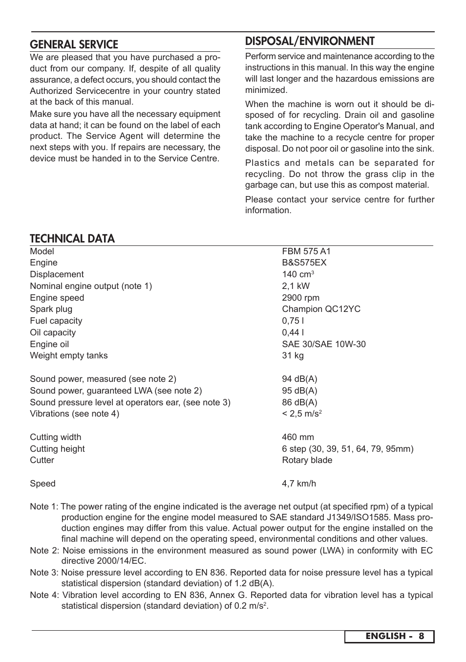 Technical data, Disposal/environment, General service | Florabest FBM 575 A1 User Manual | Page 37 / 46