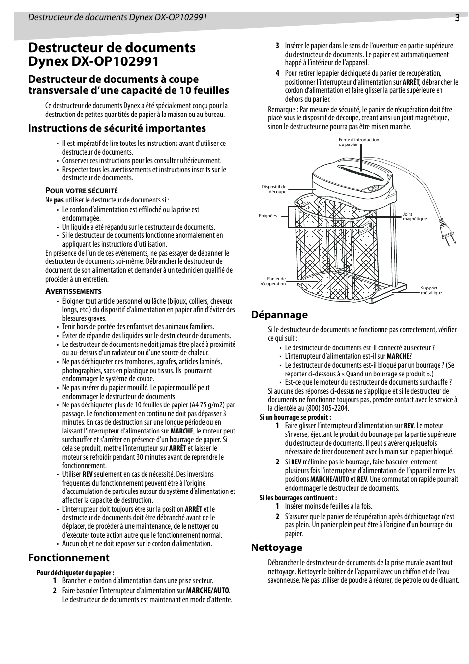 Instructions de sécurité importantes, Fonctionnement, Dépannage | Nettoyage | Dynex DX-OP102991 User Manual | Page 3 / 6