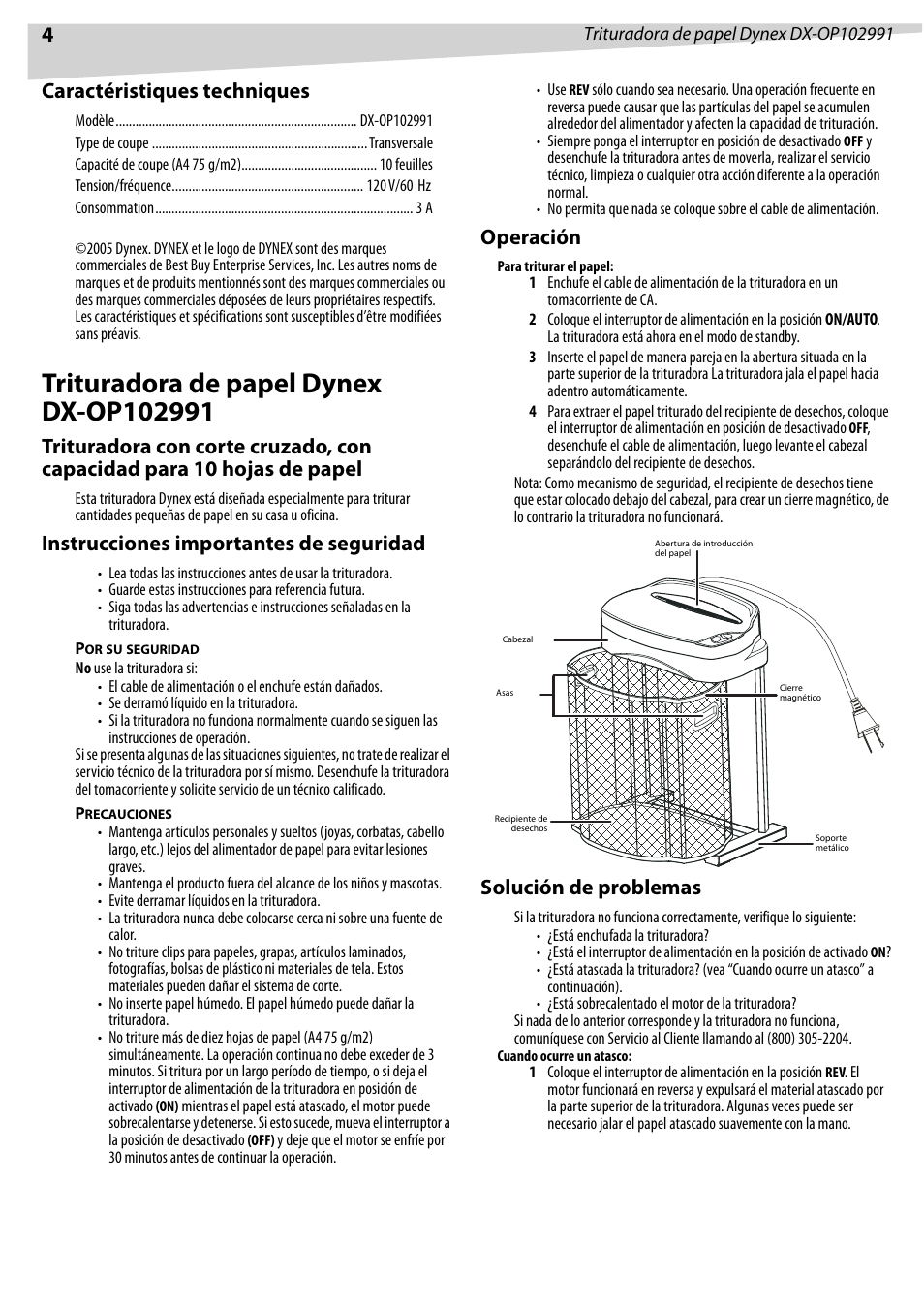 Caractéristiques techniques, Instrucciones importantes de seguridad, Operación | Solución de problemas | Dynex DX-OP102991 User Manual | Page 4 / 6
