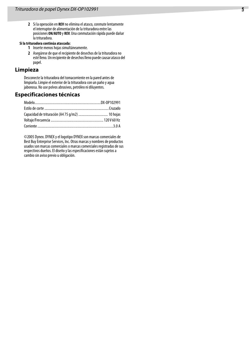 Limpieza, Especificaciones técnicas | Dynex DX-OP102991 User Manual | Page 5 / 6