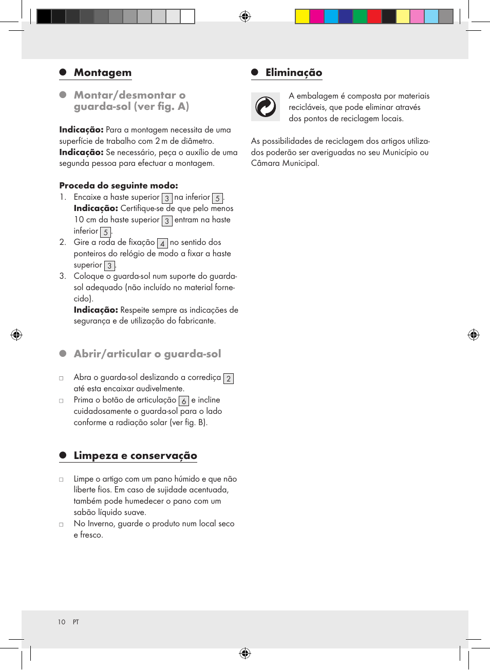 Montagem, Montar/desmontar o guarda-sol (ver fig. a), Abrir/articular o guarda-sol | Limpeza e conservação, Eliminação | Florabest Z30744A Z30744B User Manual | Page 10 / 15