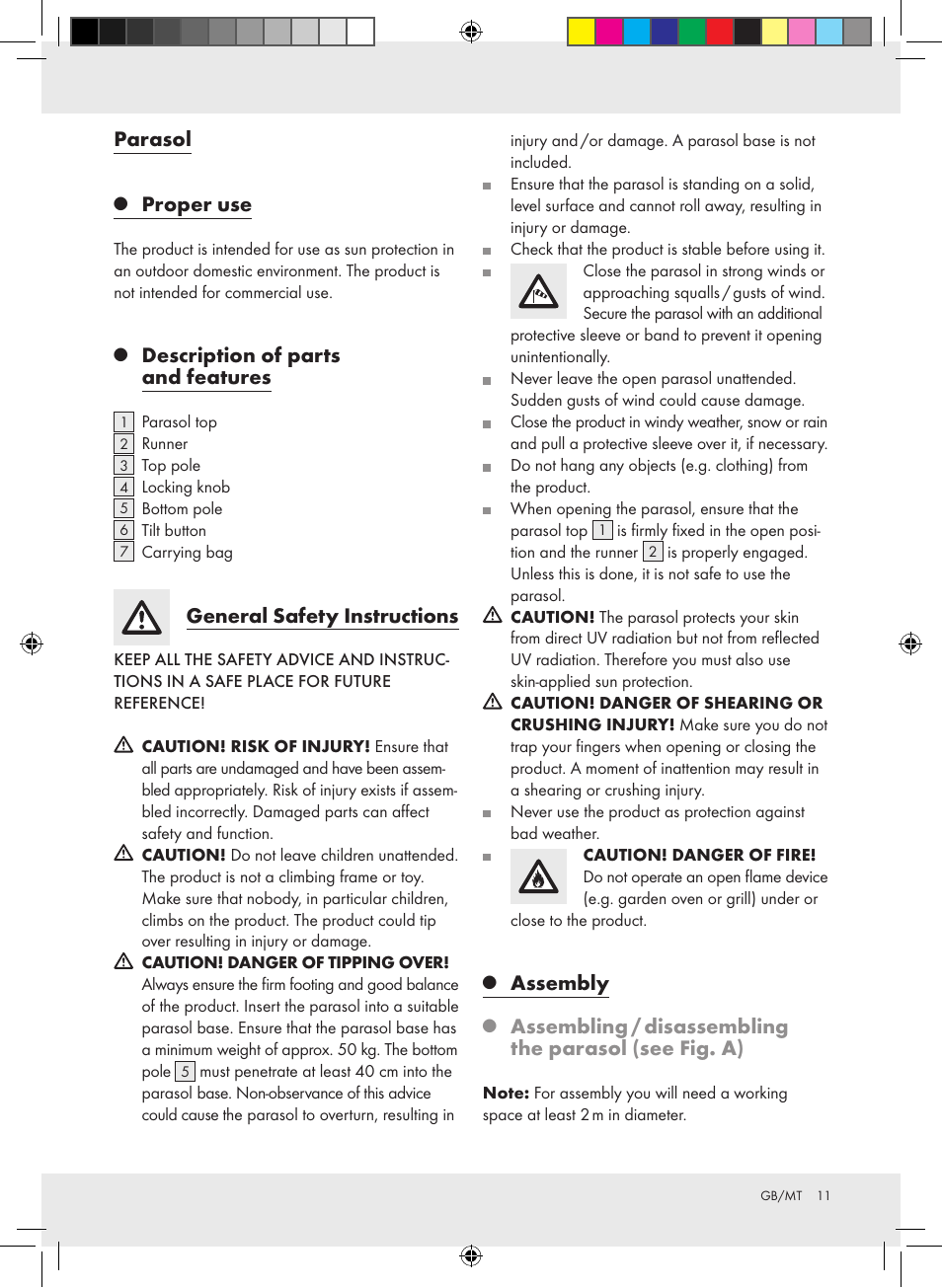 Parasol, Proper use, Description of parts and features | General safety instructions, Assembly | Florabest Z30744A Z30744B User Manual | Page 11 / 15