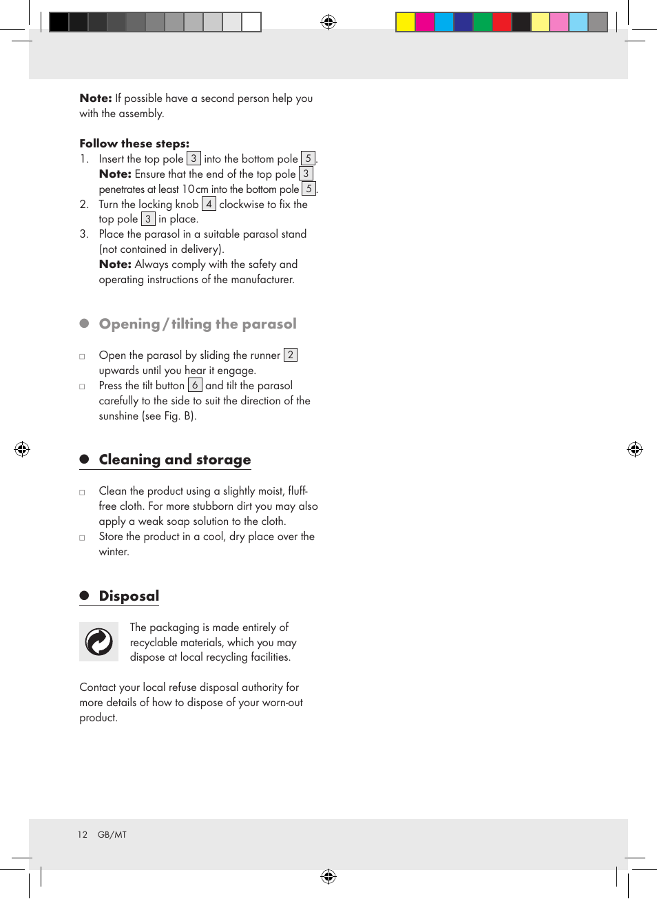 Opening / tilting the parasol, Cleaning and storage, Disposal | Florabest Z30744A Z30744B User Manual | Page 12 / 15