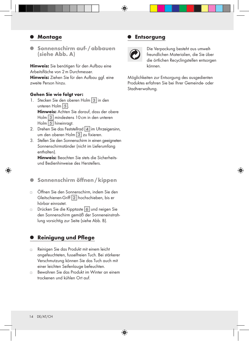 Montage, Sonnenschirm auf- / abbauen (siehe abb. a), Sonnenschirm öffnen / kippen | Reinigung und pflege, Entsorgung | Florabest Z30744A Z30744B User Manual | Page 14 / 15