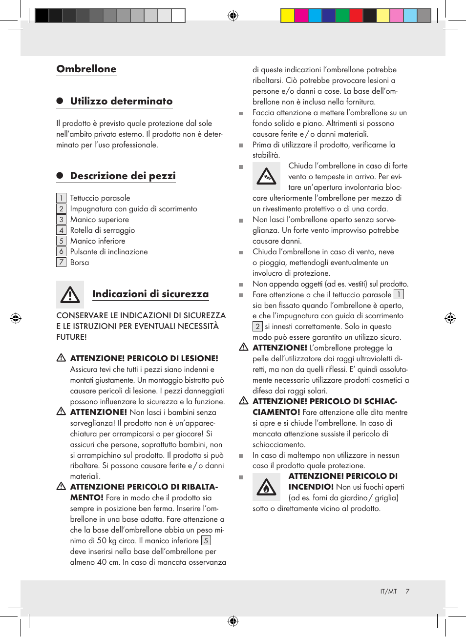 Ombrellone, Utilizzo determinato, Descrizione dei pezzi | Indicazioni di sicurezza | Florabest Z30744A Z30744B User Manual | Page 7 / 15