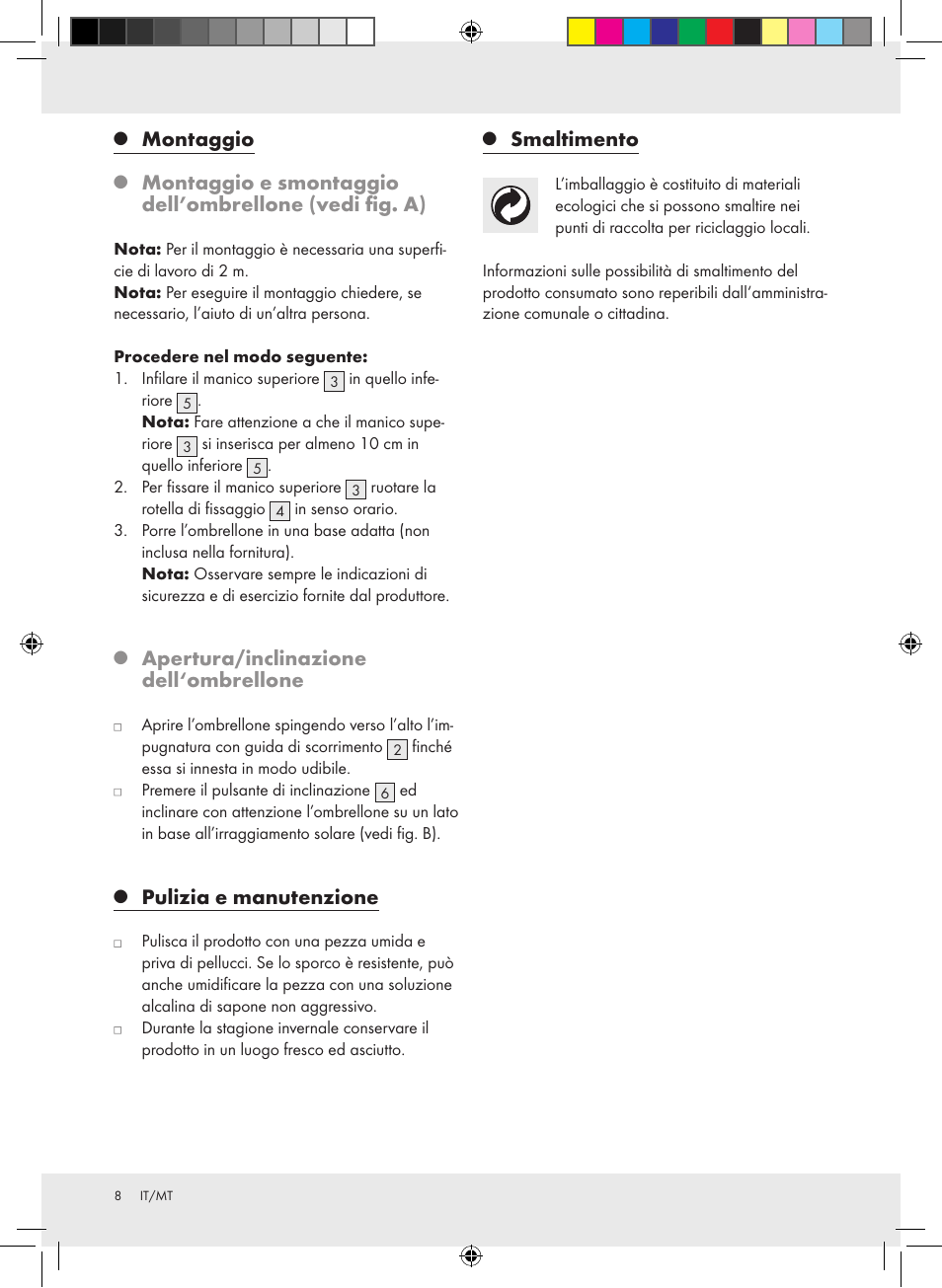 Montaggio, Apertura/inclinazione dell‘ombrellone, Pulizia e manutenzione | Smaltimento | Florabest Z30744A Z30744B User Manual | Page 8 / 15