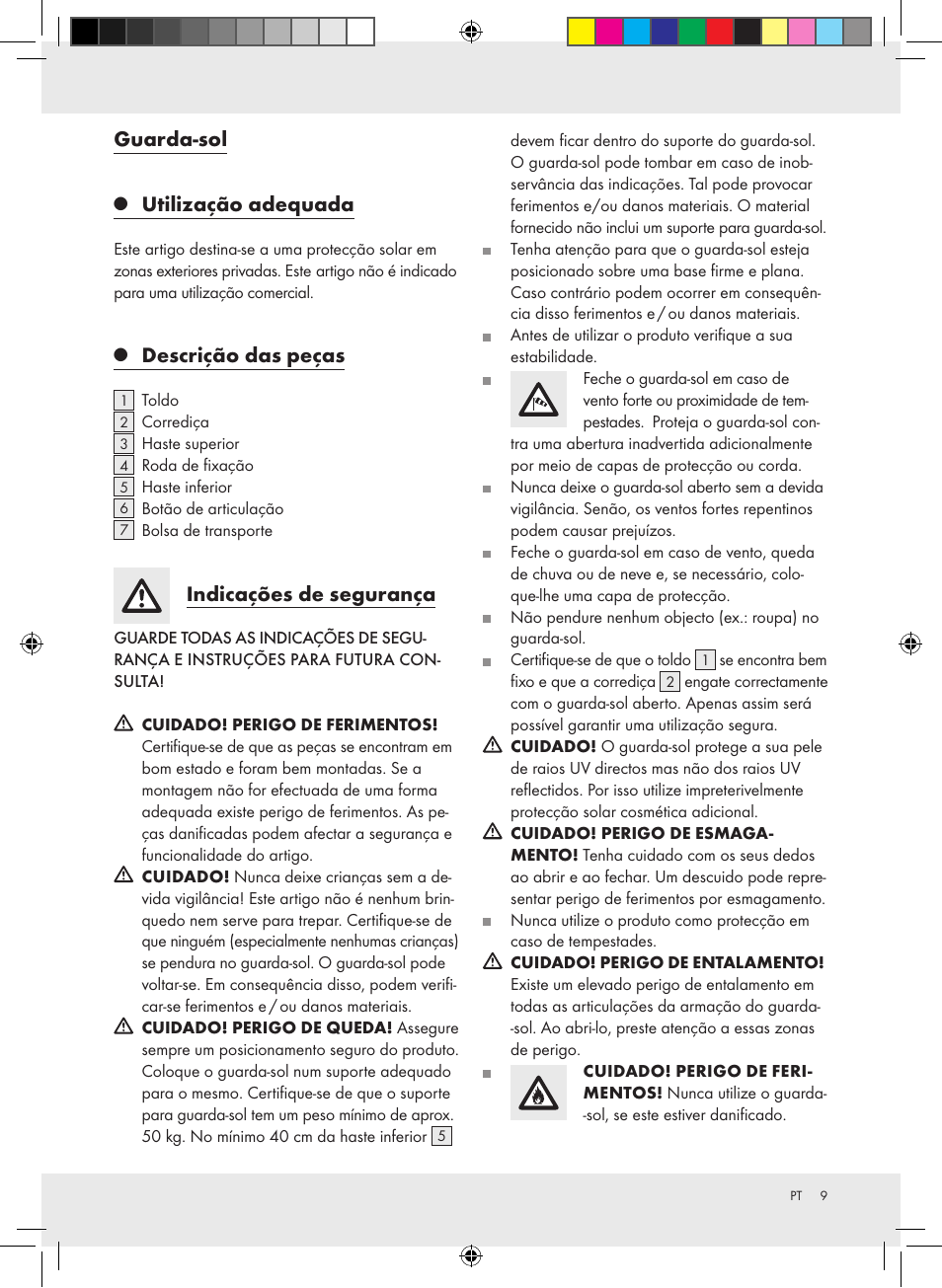 Guarda-sol, Utilização adequada, Descrição das peças | Indicações de segurança | Florabest Z30744A Z30744B User Manual | Page 9 / 15