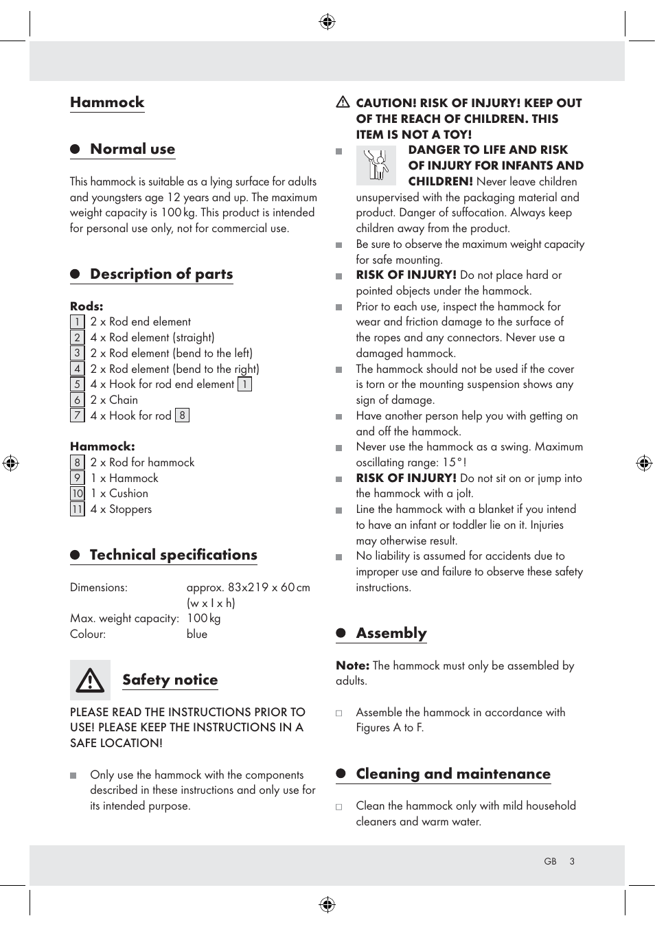 Hammock normal use, Description of parts, Technical speciﬁcations | Safety notice, Assembly, Cleaning and maintenance | Florabest Z30700 User Manual | Page 3 / 13